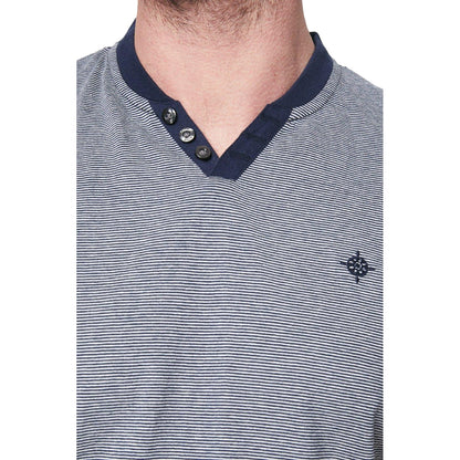 Navy - Side - Maine Mens Feeder Striped Notch Neck T-Shirt