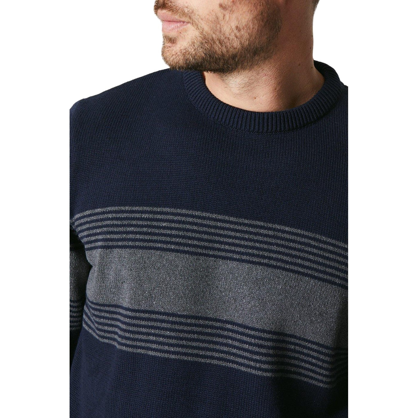 Navy - Side - Maine Mens Premium Multi Stripe Crew Neck Jumper
