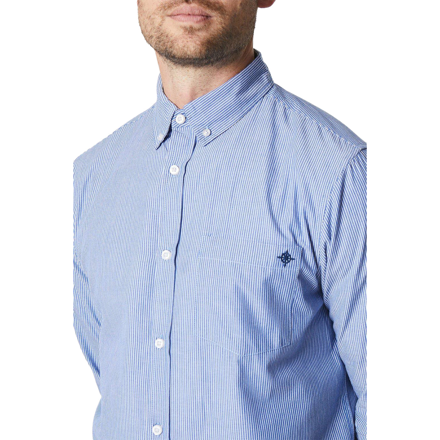 Blue - Side - Maine Mens Ticking Stripe Classic Long-Sleeved Shirt