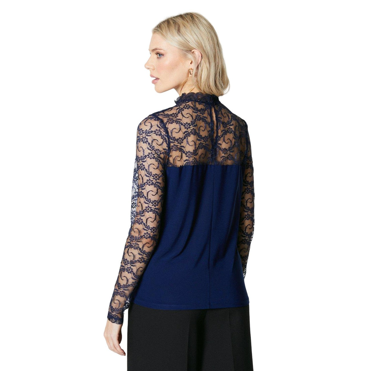 Navy - Back - Principles Womens-Ladies Lace Detail Long-Sleeved Top