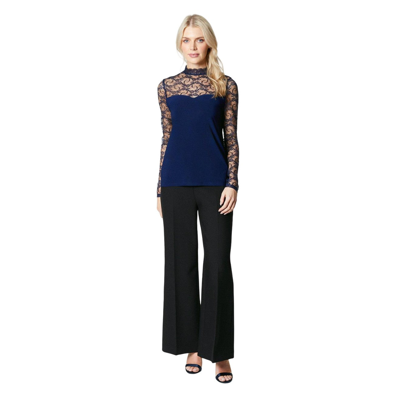 Navy - Side - Principles Womens-Ladies Lace Detail Long-Sleeved Top