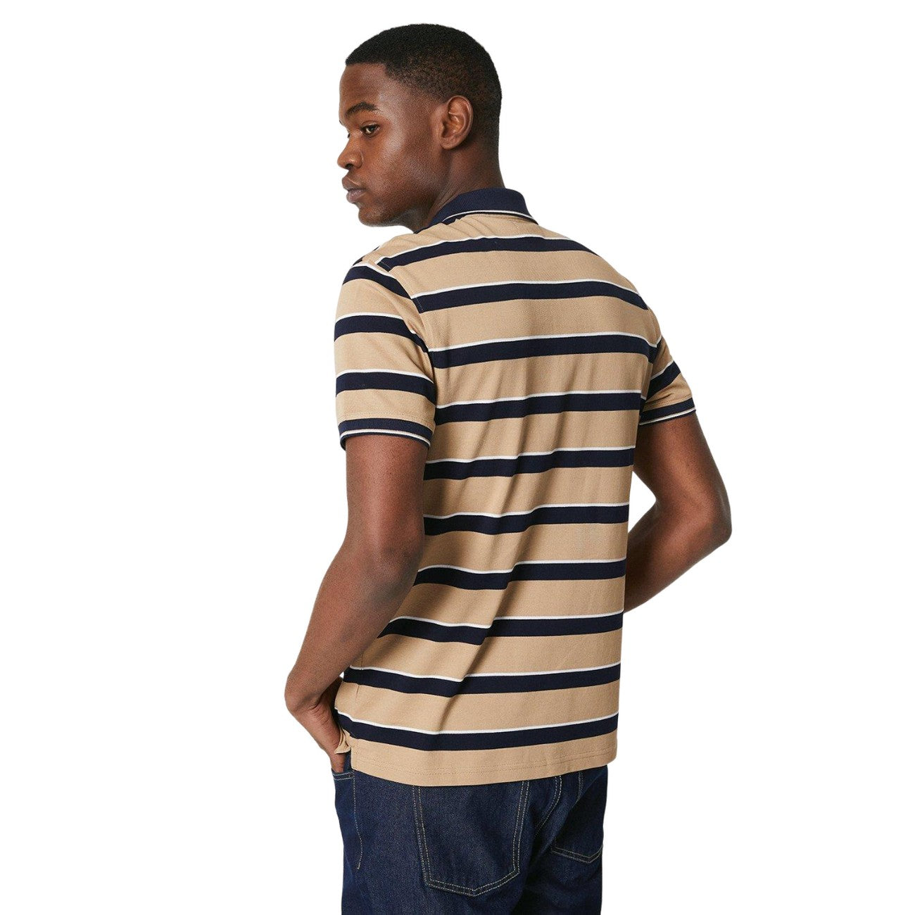 Natural - Back - Maine Mens Striped Pique Polo Shirt