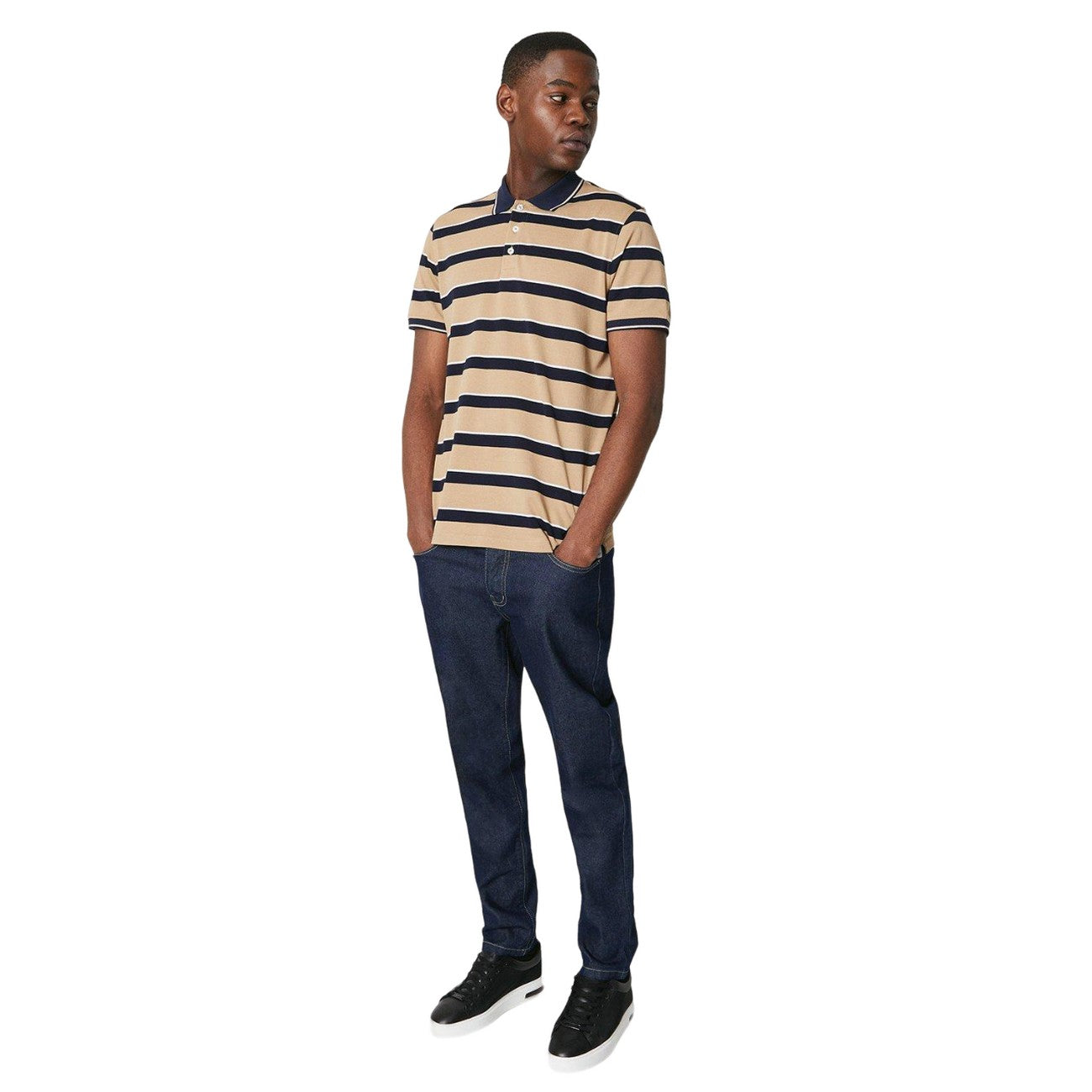 Natural - Side - Maine Mens Striped Pique Polo Shirt
