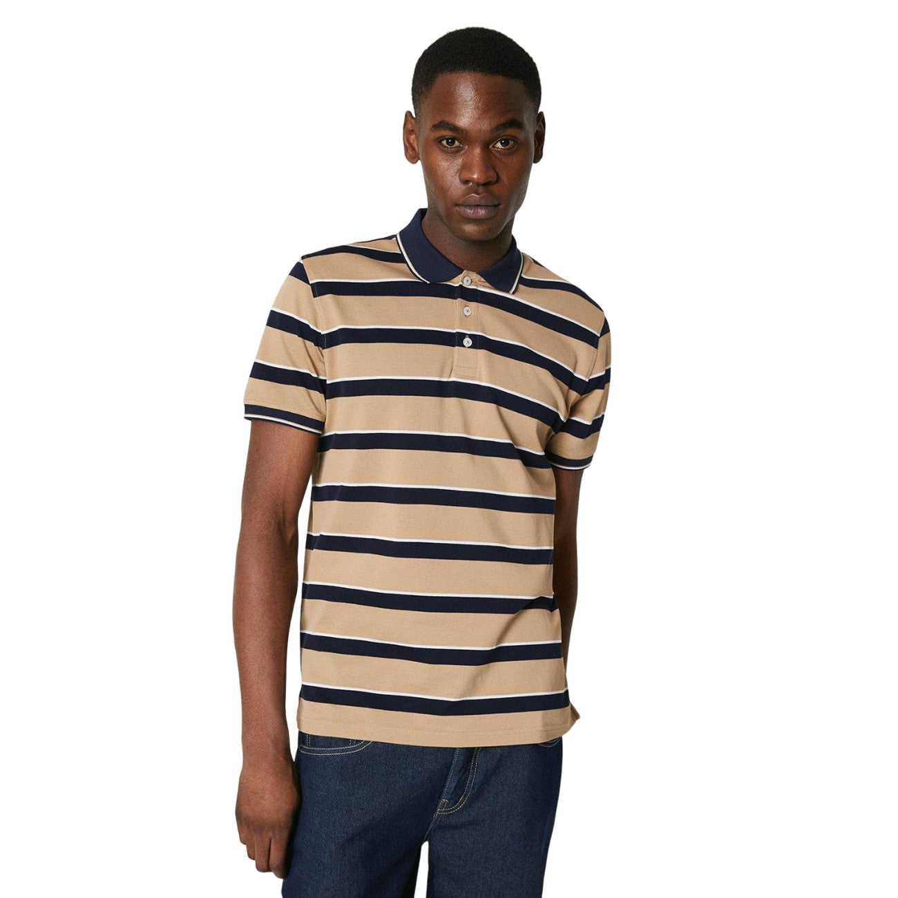 Natural - Front - Maine Mens Striped Pique Polo Shirt