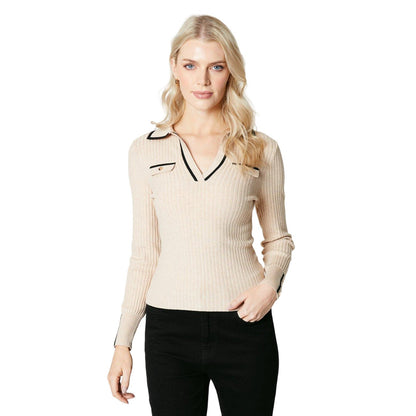 Oatmeal - Front - Principles Womens-Ladies Tipped Ribbed V Neck Jumper