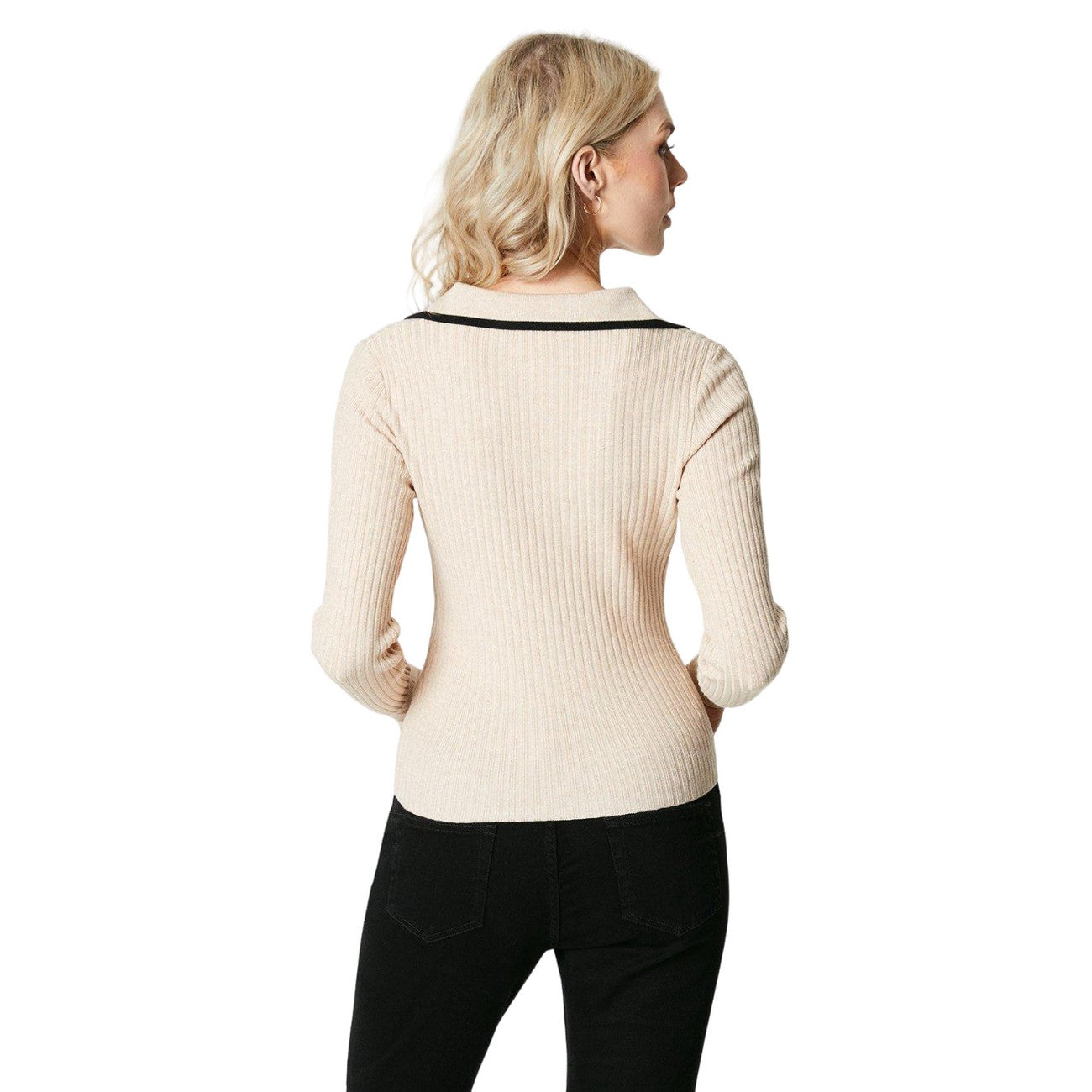 Oatmeal - Back - Principles Womens-Ladies Tipped Ribbed V Neck Jumper