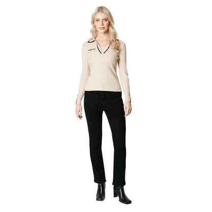 Oatmeal - Side - Principles Womens-Ladies Tipped Ribbed V Neck Jumper