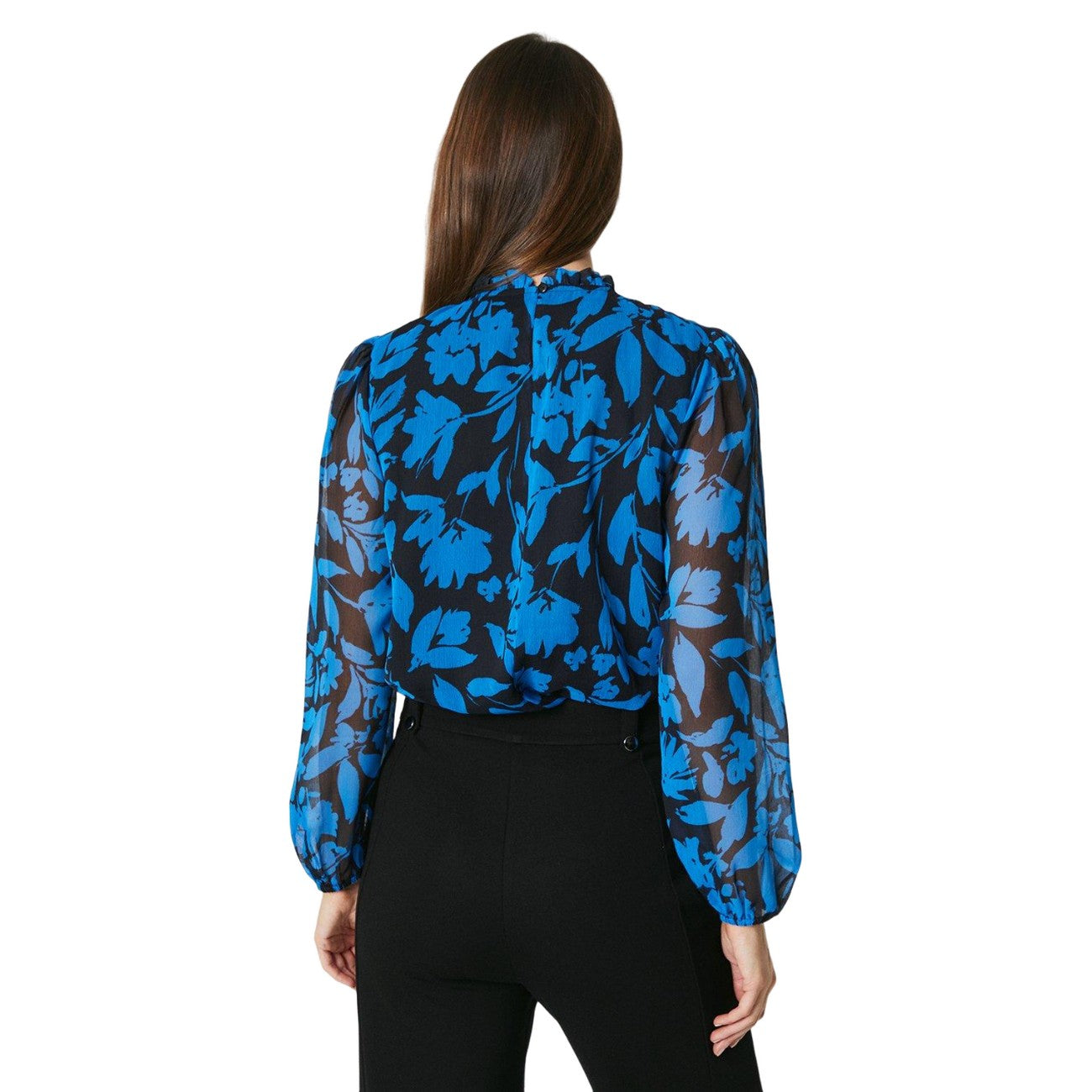 Blue - Back - Principles Womens-Ladies Floral Ruffle Neck Blouse