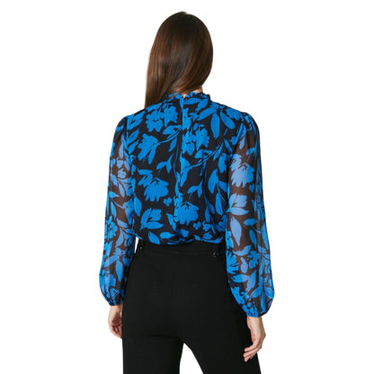 Blue - Back - Principles Womens-Ladies Floral Ruffle Neck Blouse