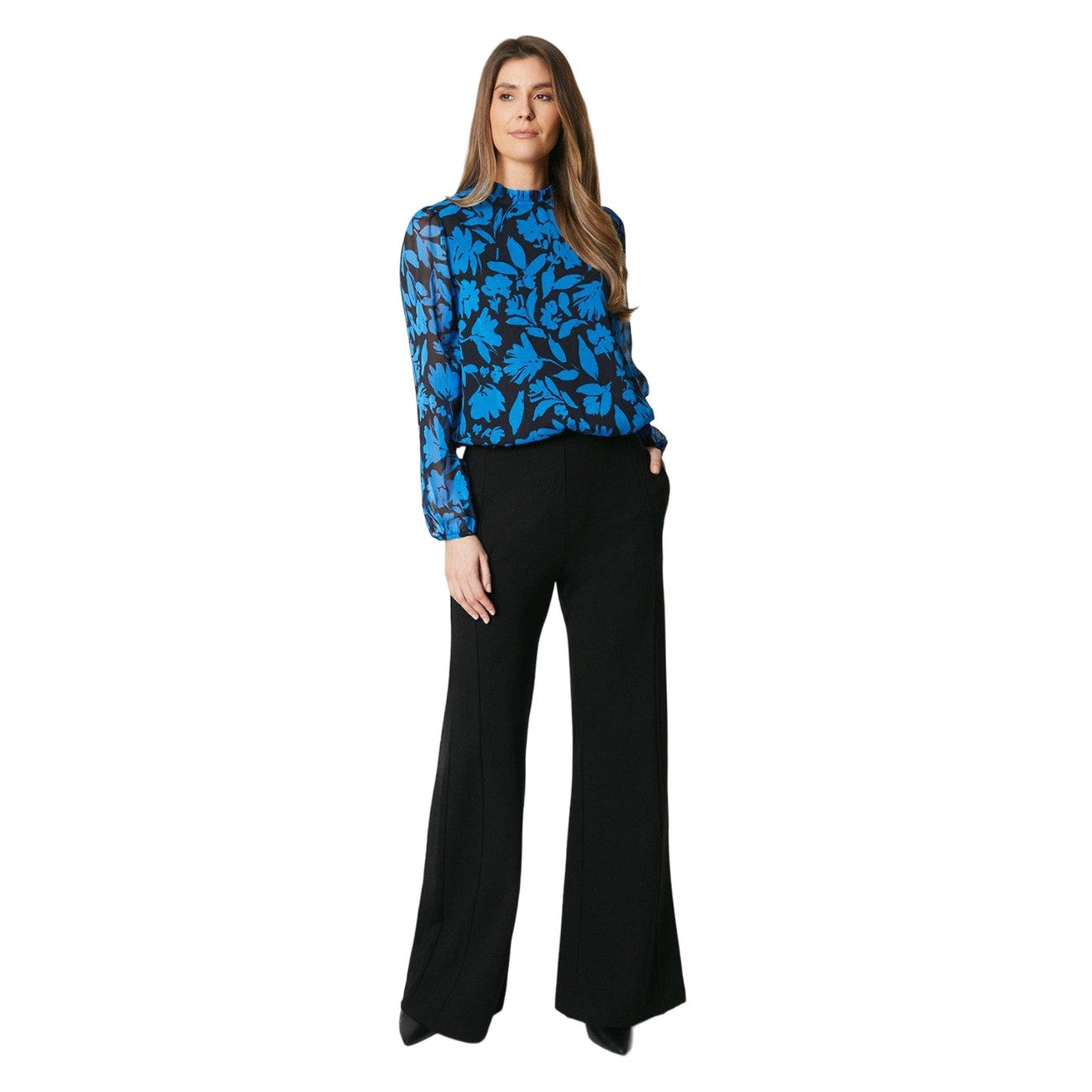 Blue - Side - Principles Womens-Ladies Floral Ruffle Neck Blouse