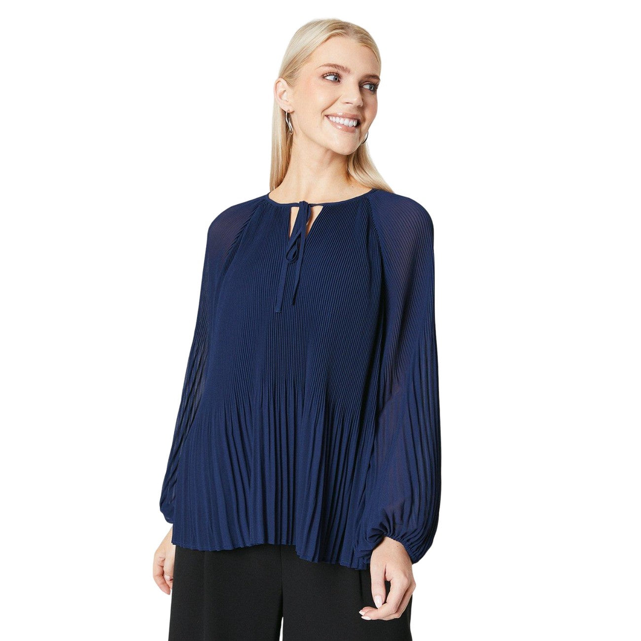 Navy - Front - Principles Womens-Ladies Pleated Tie Neck Top