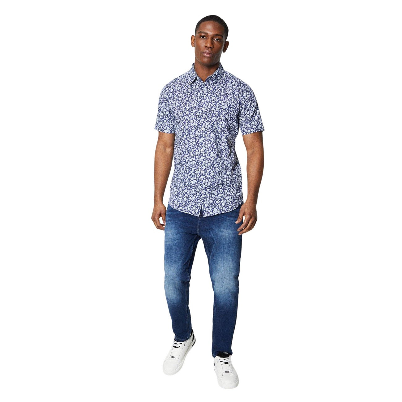 Dark Blue - Side - Maine Mens Floral Stem Print Short-Sleeved Shirt