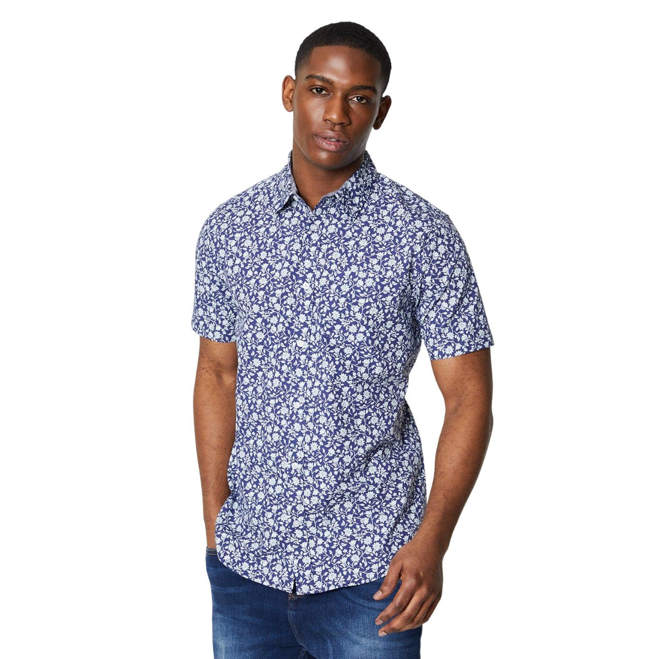 Dark Blue - Front - Maine Mens Floral Stem Print Short-Sleeved Shirt