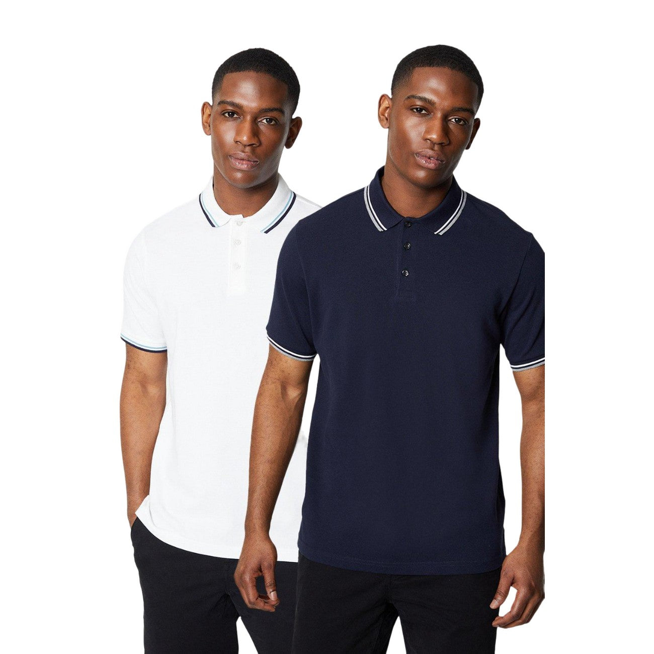 White-Navy - Front - Maine Mens Tipped Cotton Polo Shirt (Pack of 2)