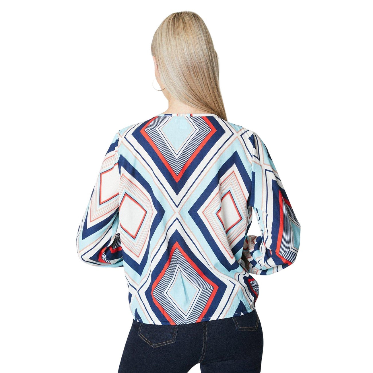 Blue - Back - Principles Womens-Ladies Geometric Wrap Top