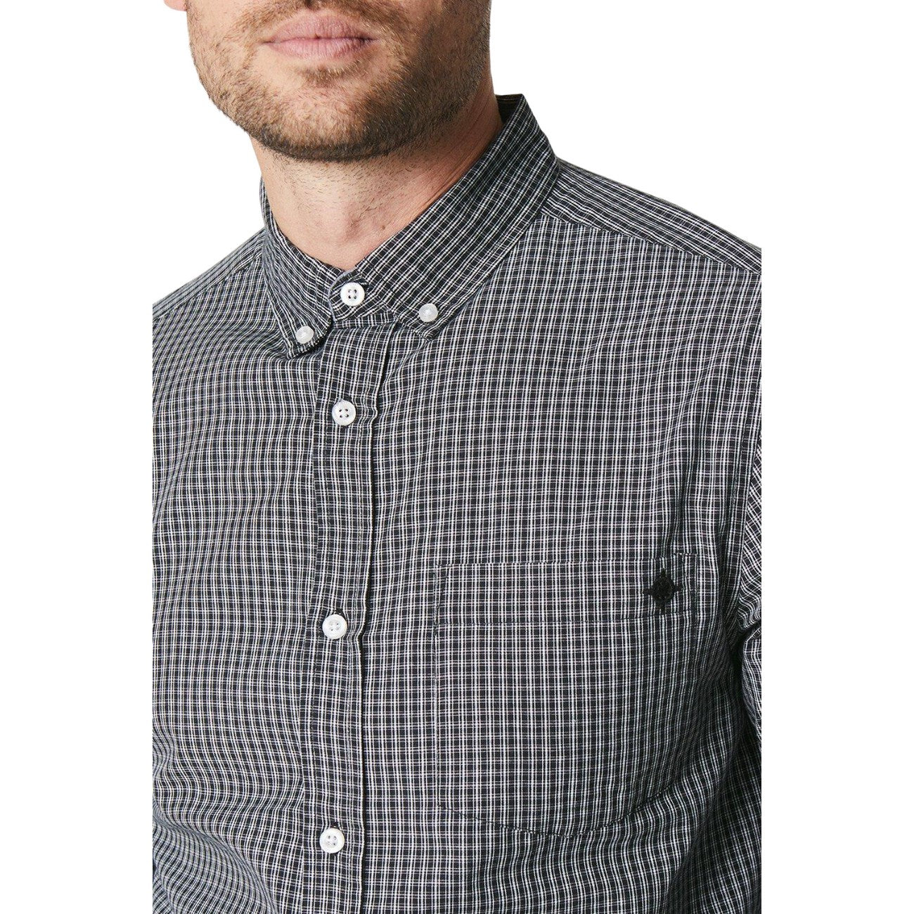Navy - Side - Maine Mens Mini Grid Check Long-Sleeved Shirt