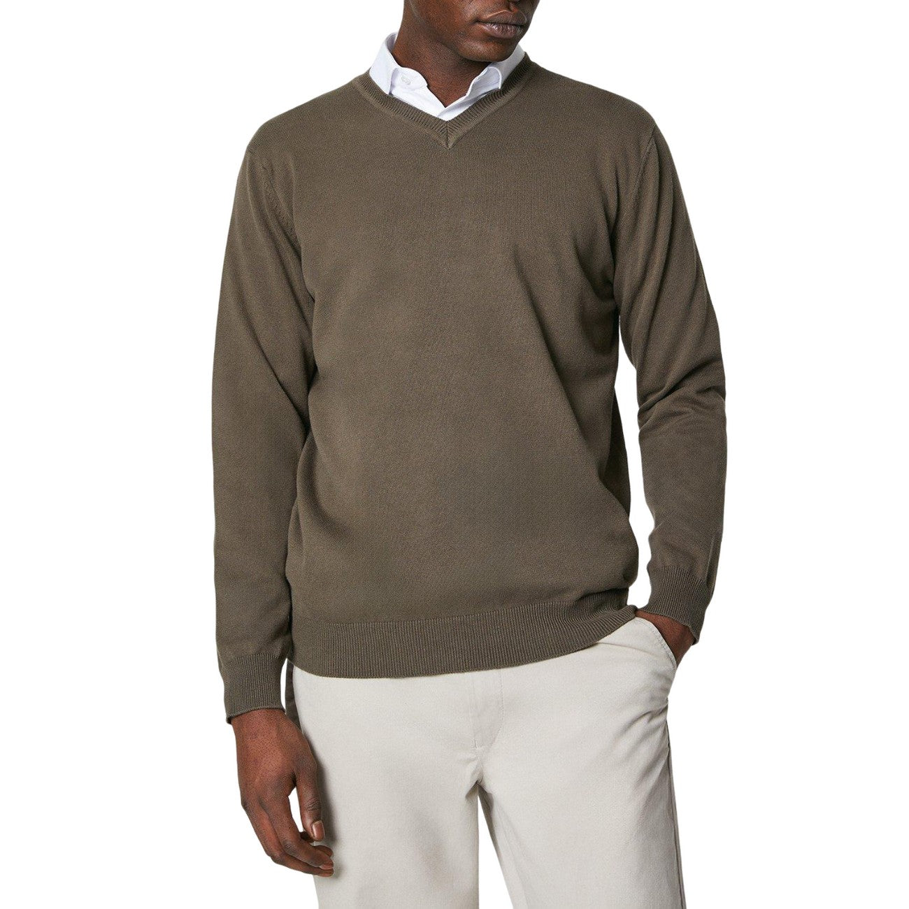 Khaki Brown - Front - Maine Mens Cotton V Neck Jumper