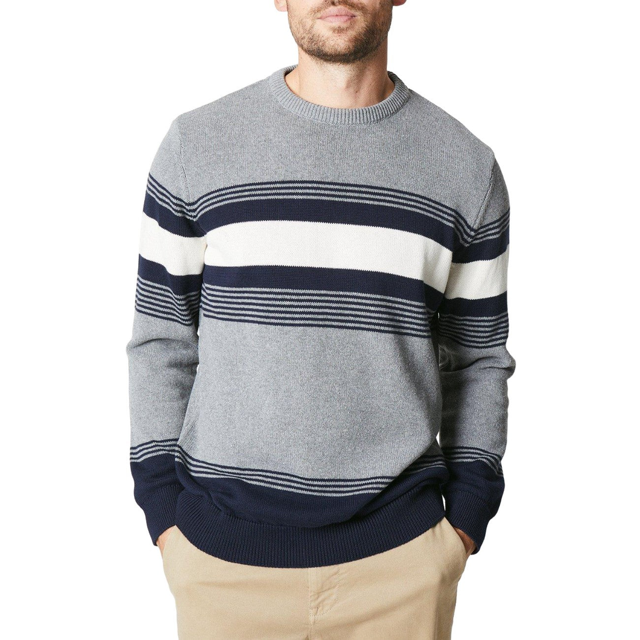 Light Grey - Front - Maine Mens Premium Chest Stripe Jumper