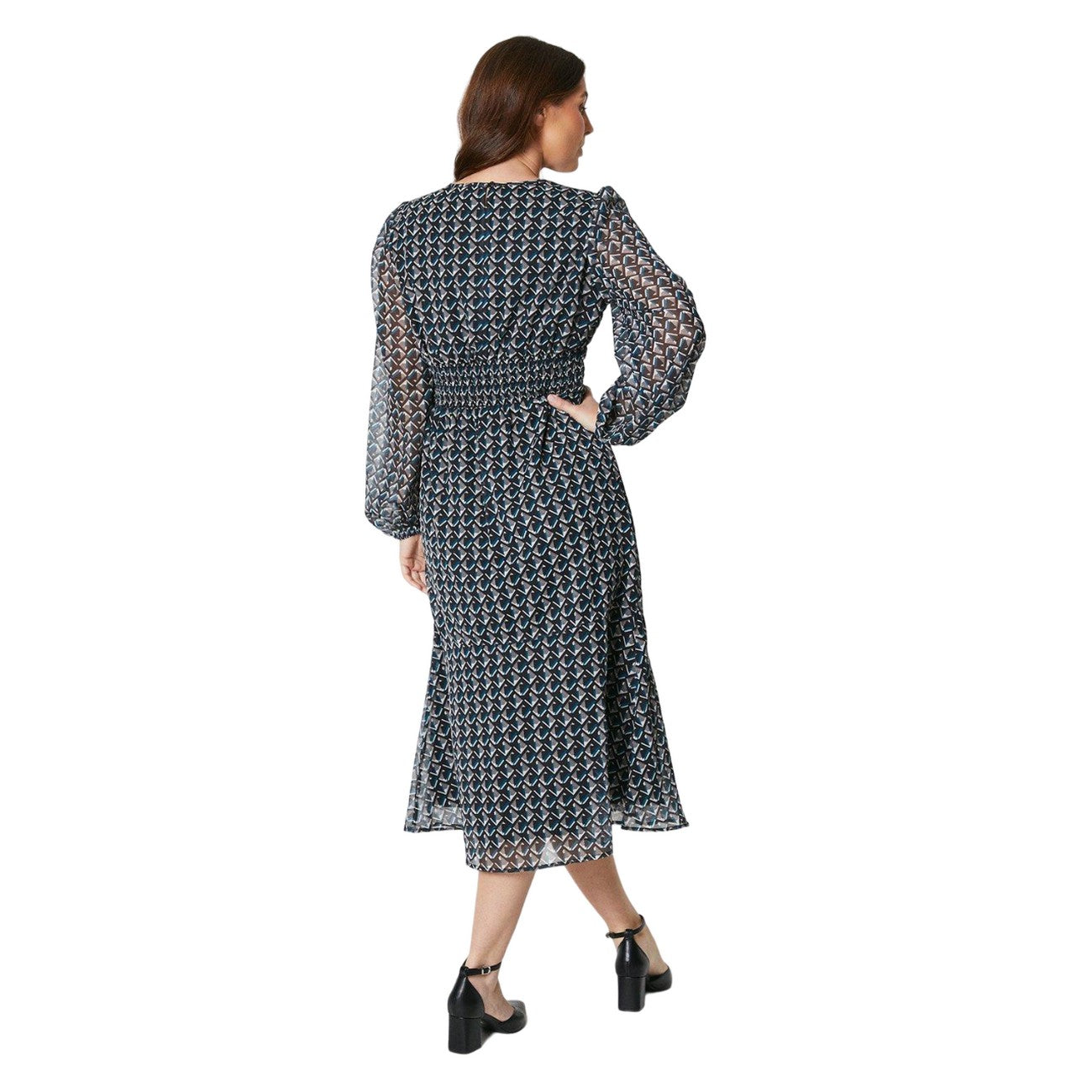 Green-White - Back - Principles Womens-Ladies Geometric Keyhole Midi Dress