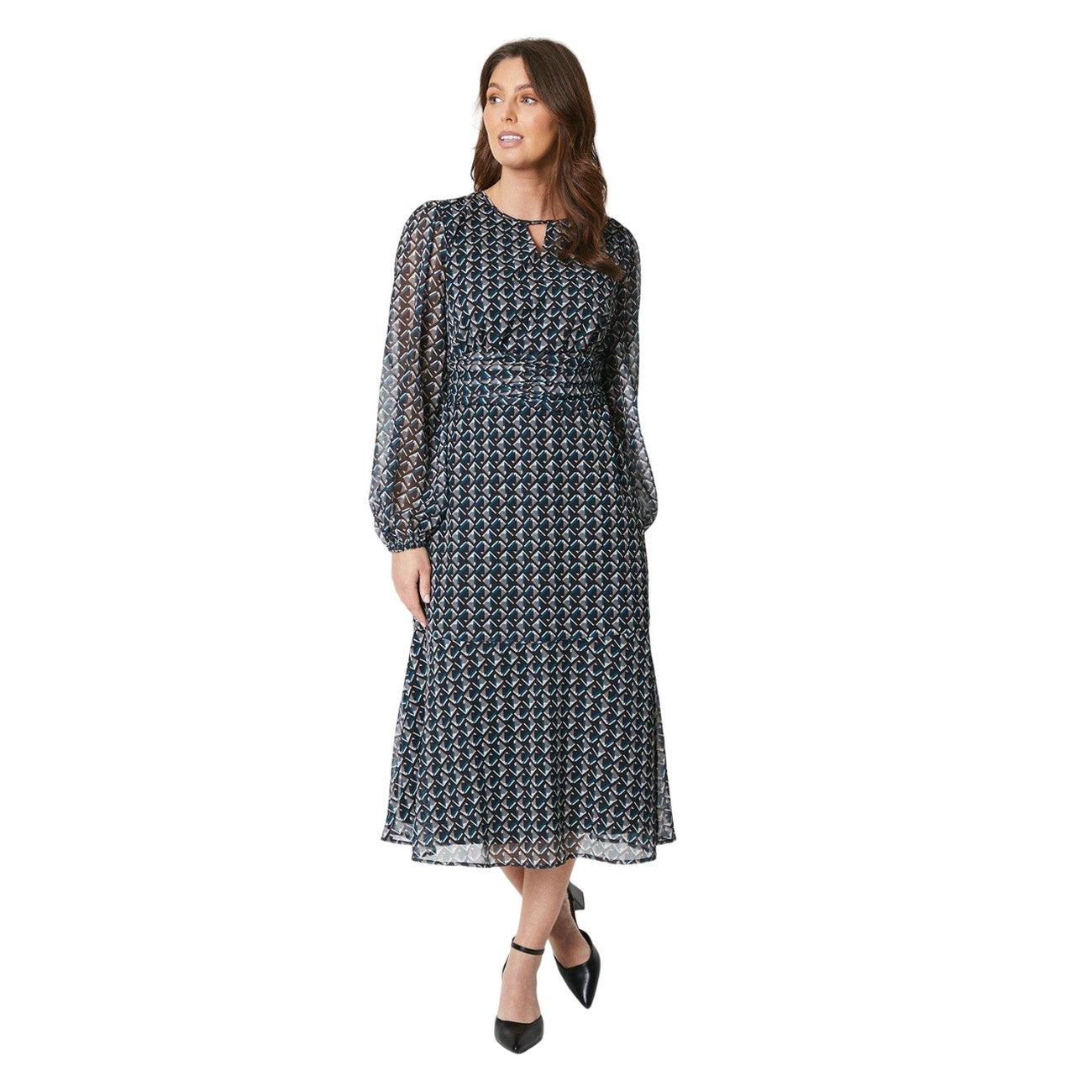 Green-White - Front - Principles Womens-Ladies Geometric Keyhole Midi Dress