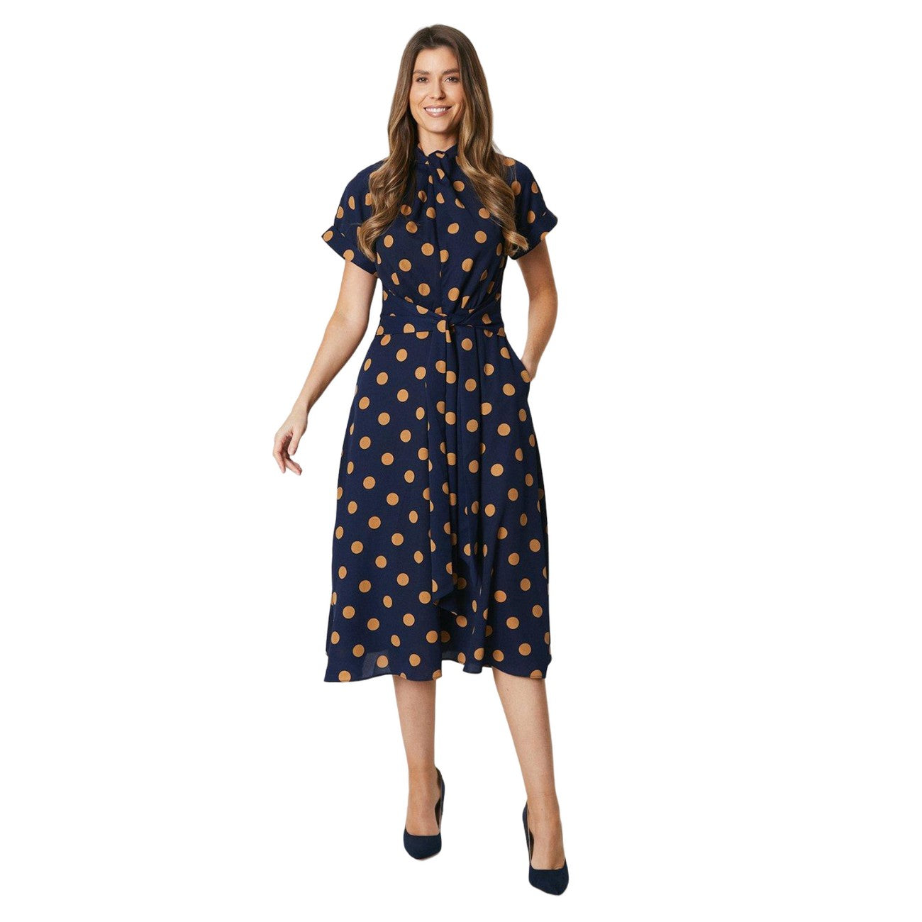 Navy - Front - Principles Womens-Ladies Spotted Twist Neck Midi Dress