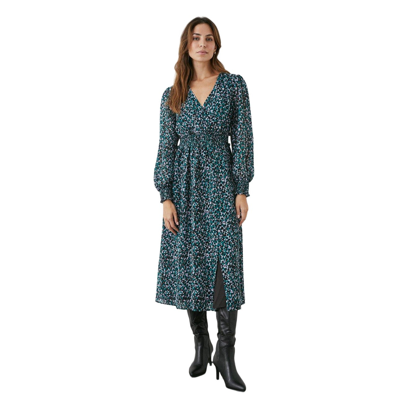 Green - Front - Principles Womens-Ladies Spotted Shirred Waist Midi Dress