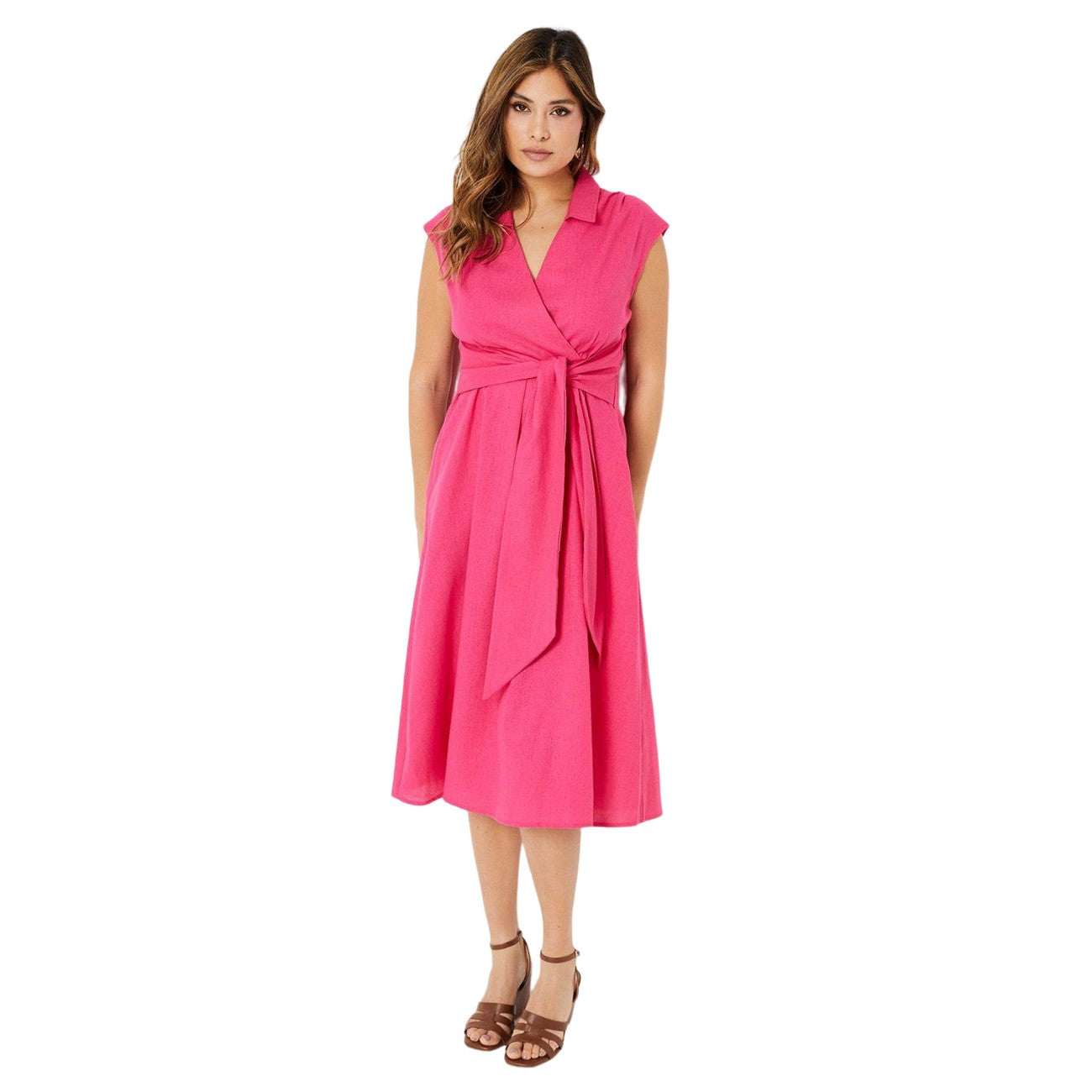 Pink - Front - Principles Womens-Ladies Linen Blend Wrap Midi Dress