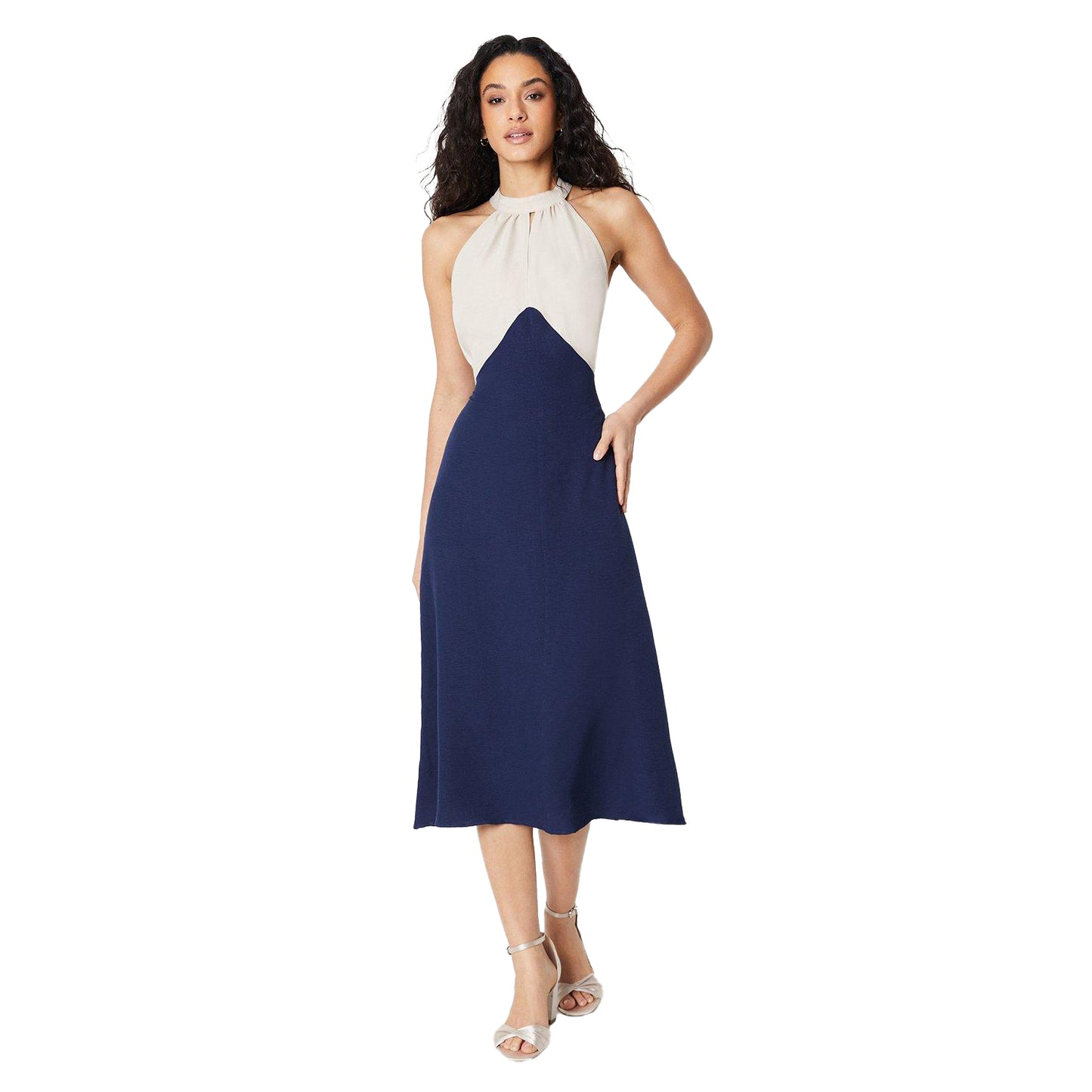 Navy - Front - Principles Womens-Ladies Contrast Halter Neck Midi Dress