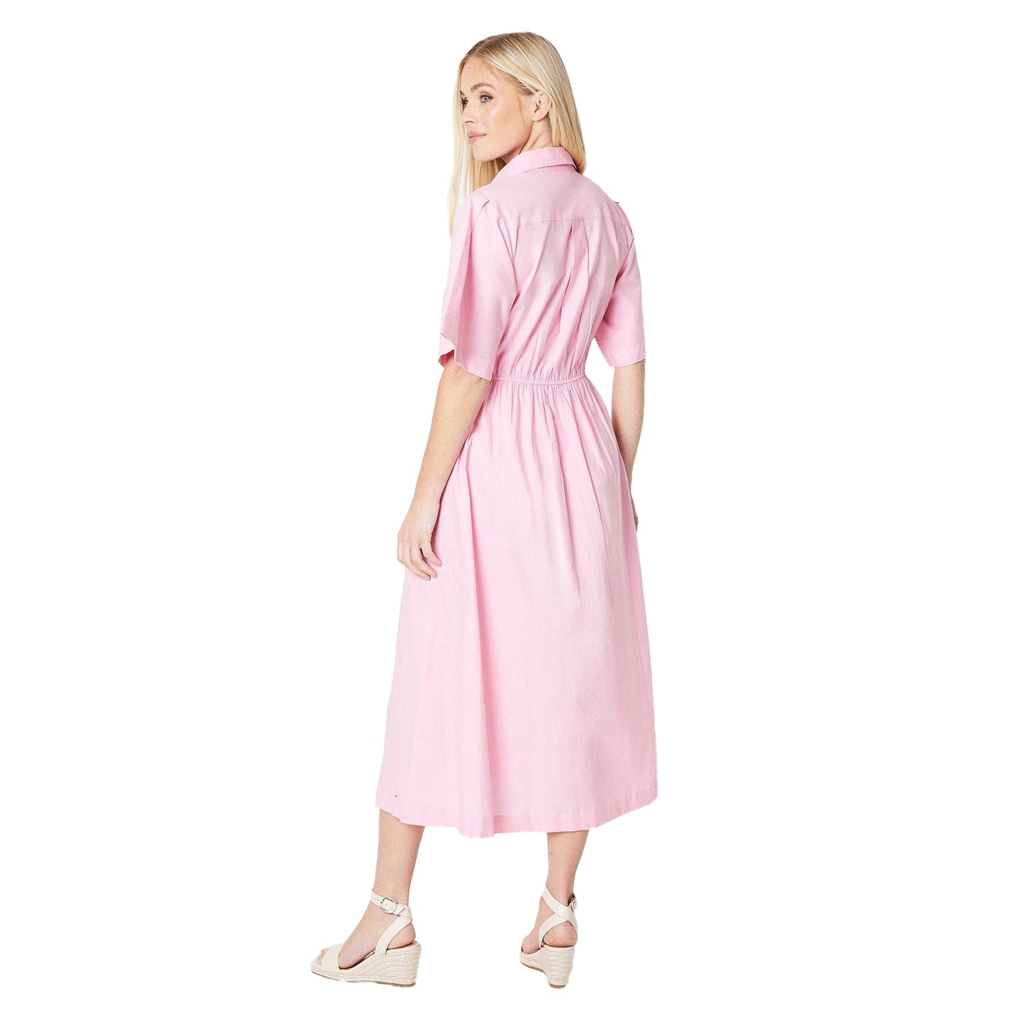 Pink - Back - Principles Womens-Ladies Belted Cotton Petite Midi Dress
