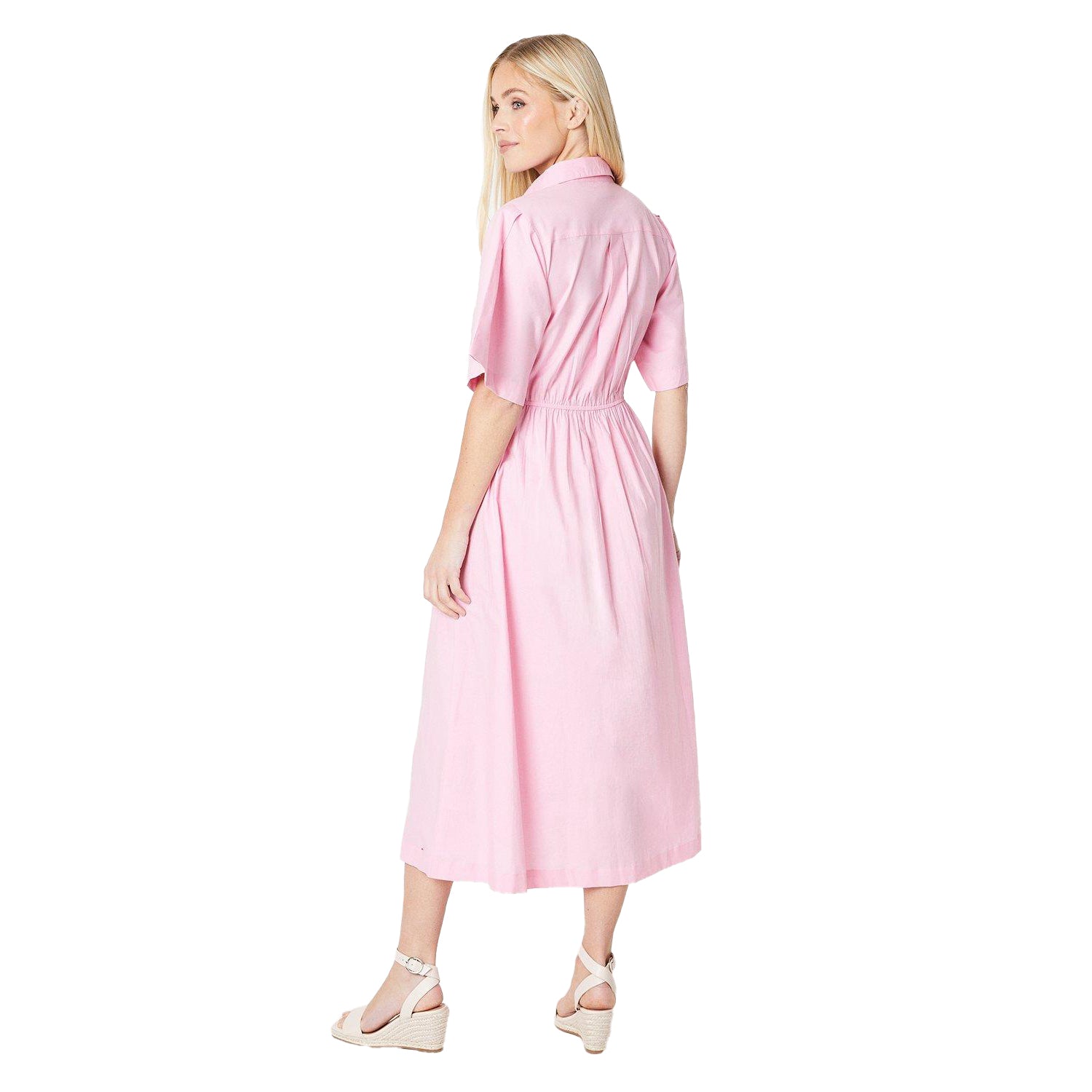 Pink - Back - Principles Womens-Ladies Belted Cotton Petite Midi Dress