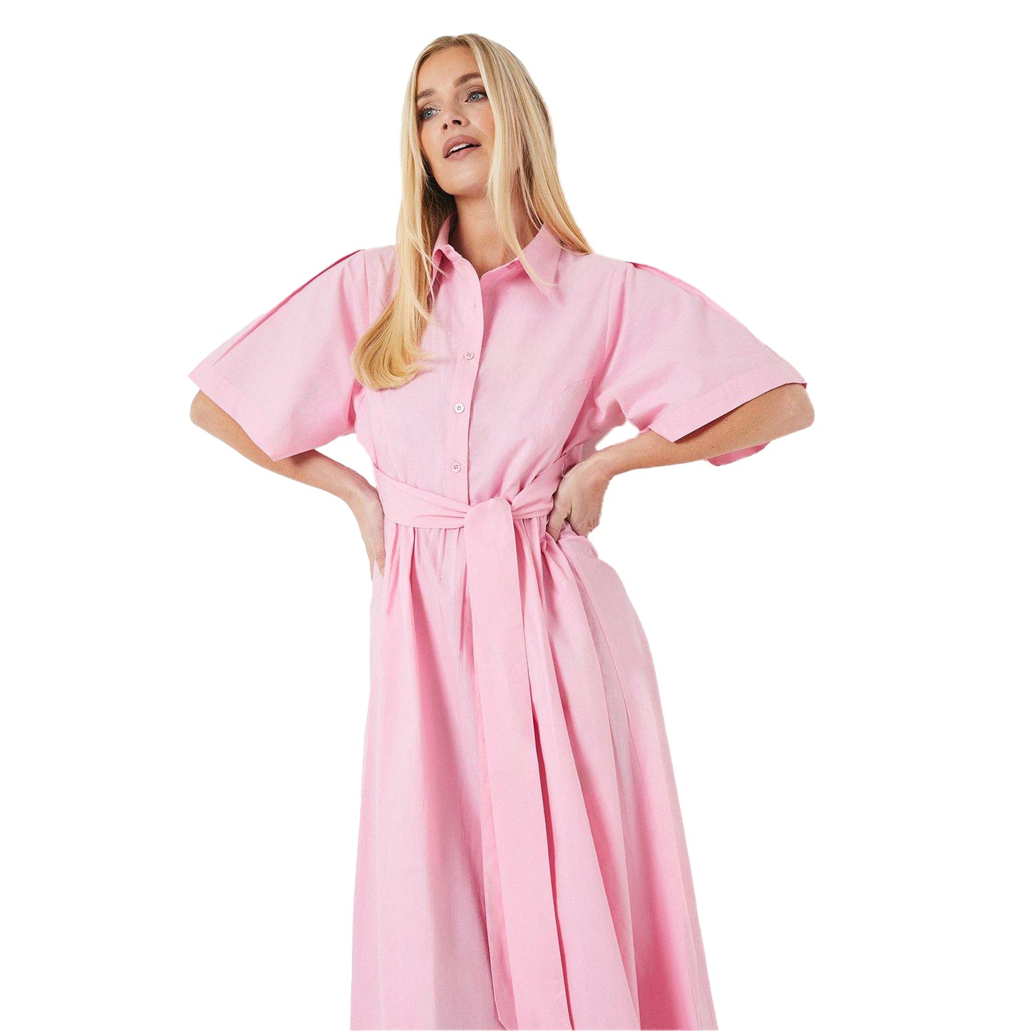 Pink - Side - Principles Womens-Ladies Belted Cotton Petite Midi Dress