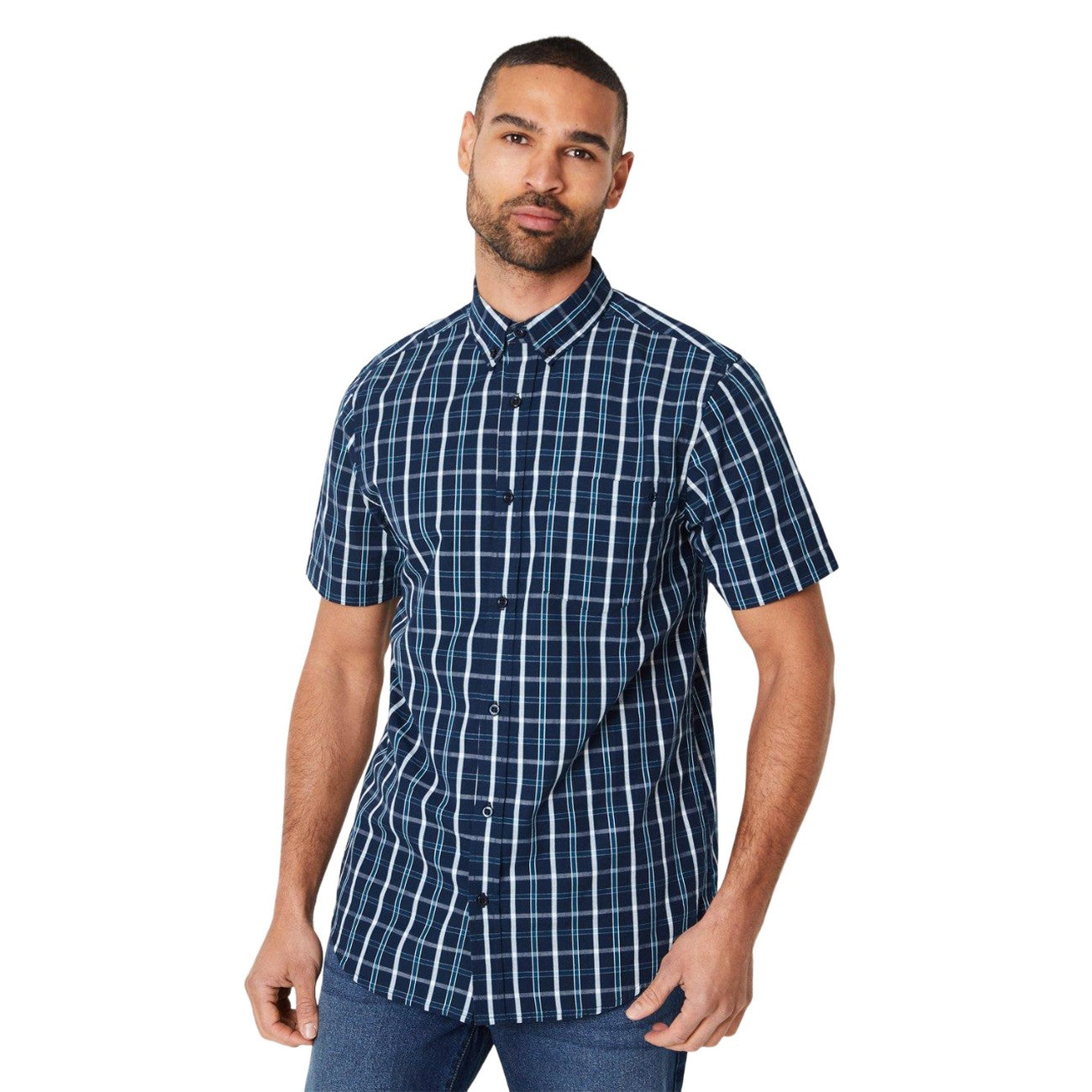 Navy - Front - Maine Mens Classic Overcheck Short-Sleeved Shirt