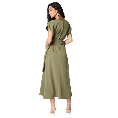 Olive - Back - Principles Womens-Ladies Waist Tie Midi Dress
