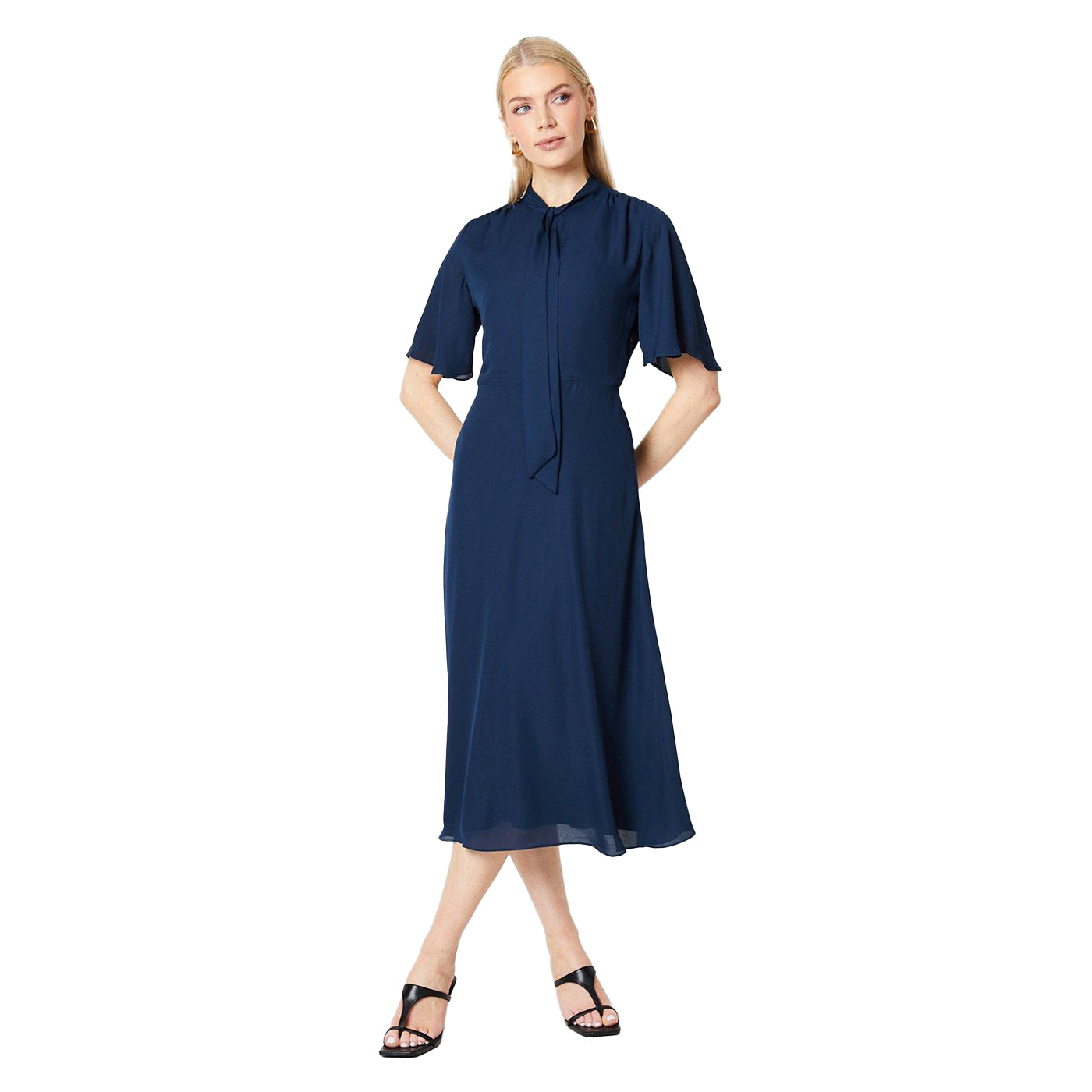 Navy - Front - Principles Womens-Ladies Tie Neck Midi Dress