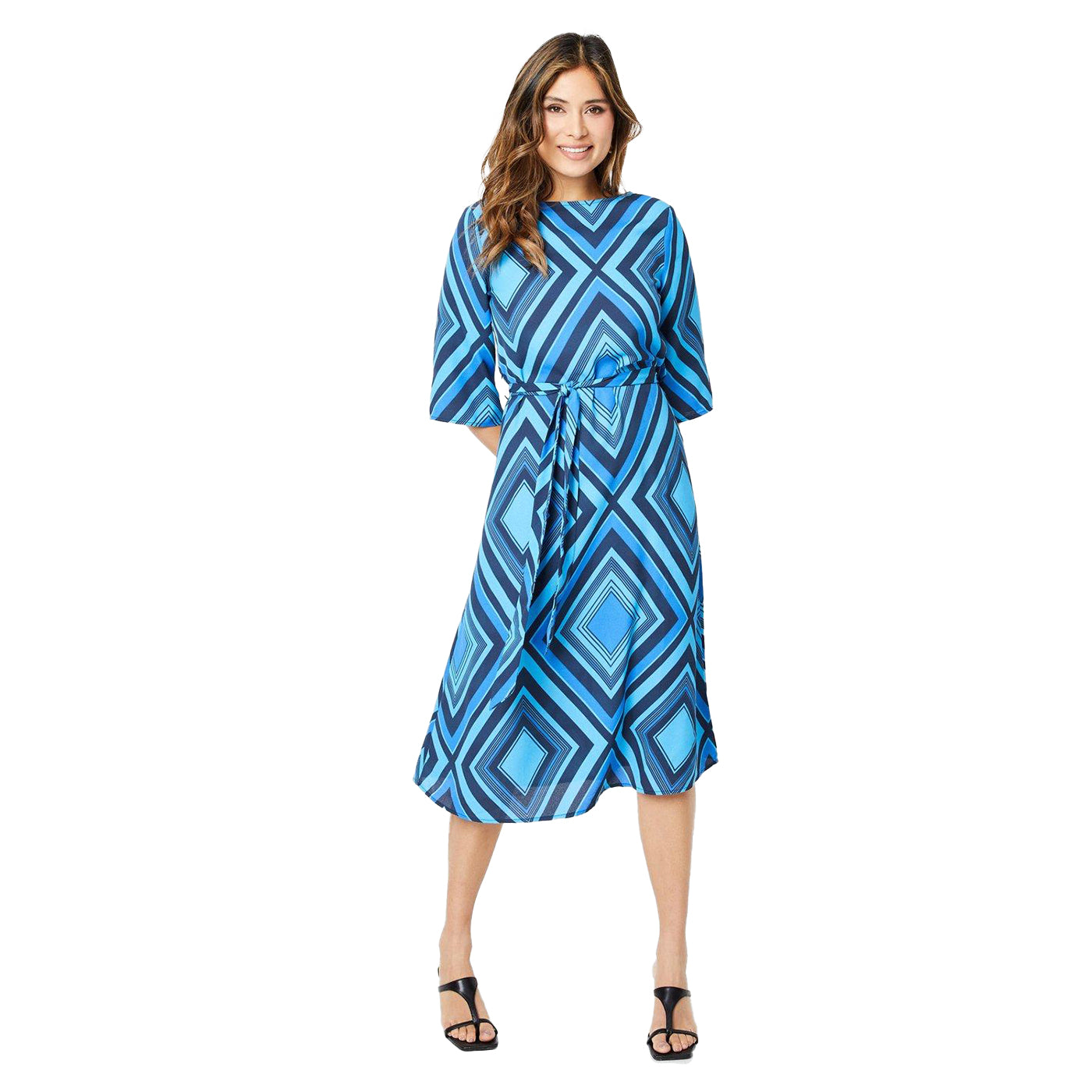 Blue - Front - Principles Womens-Ladies Geometric Belt Midi Dress