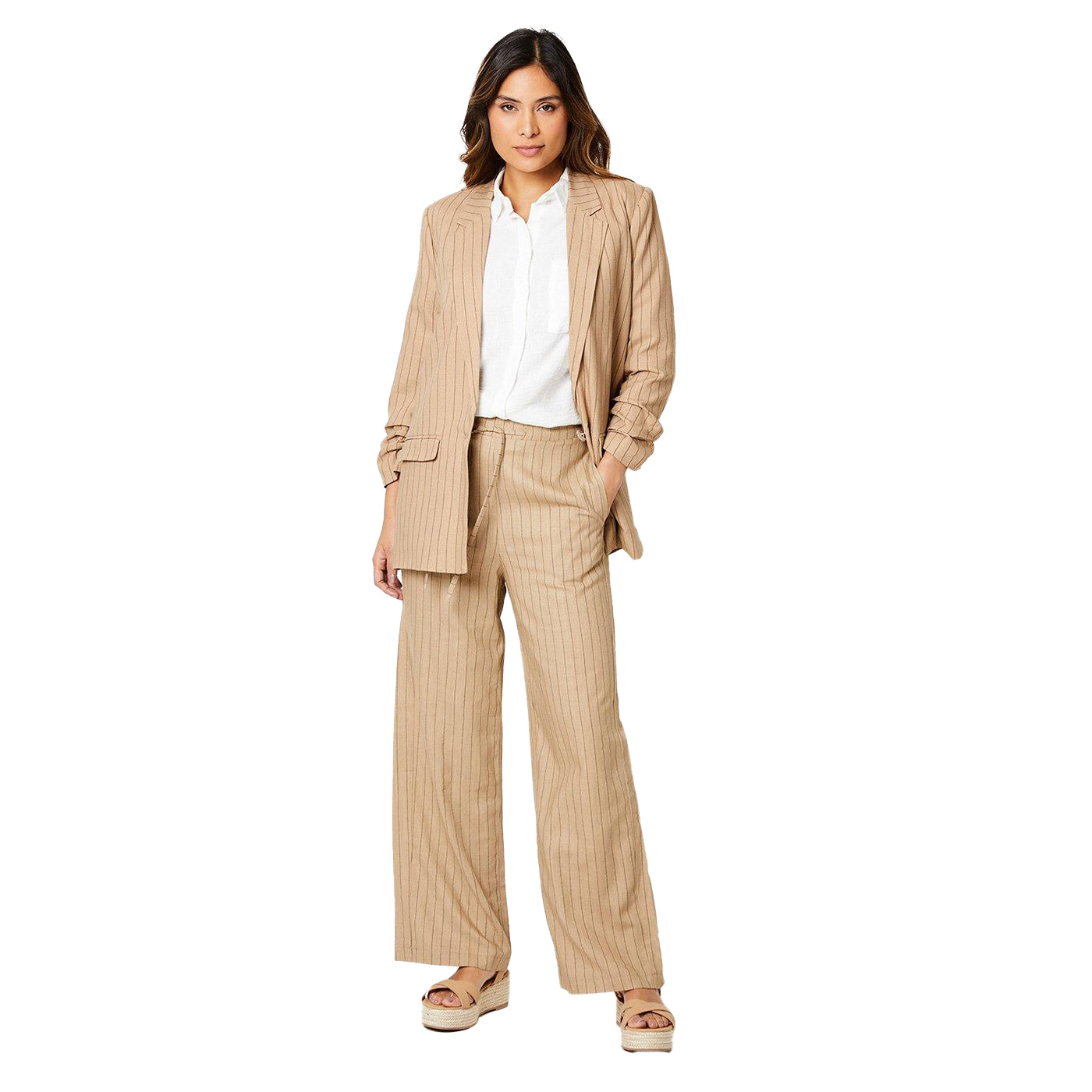 Brown - Pack Shot - Principles Womens-Ladies Striped Waist Tie Wide Leg Trousers