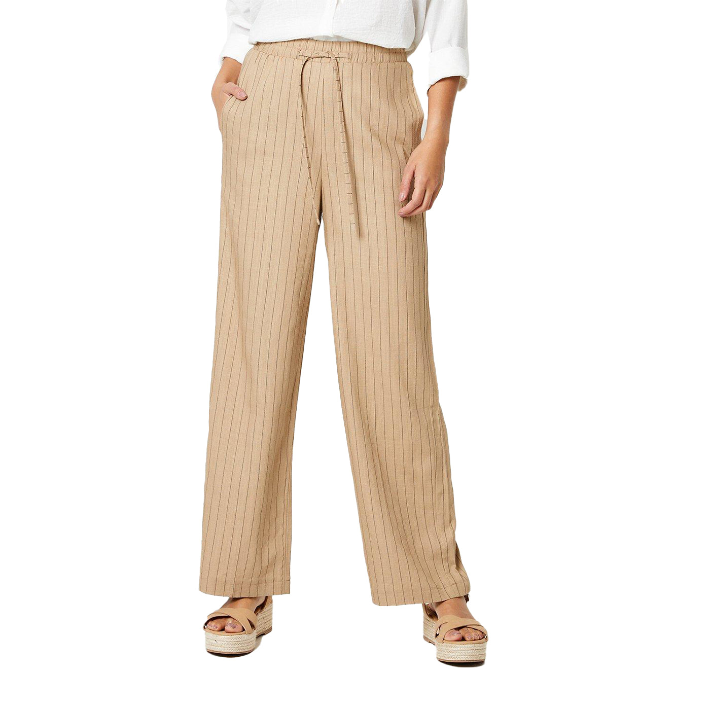 Brown - Front - Principles Womens-Ladies Striped Waist Tie Wide Leg Trousers