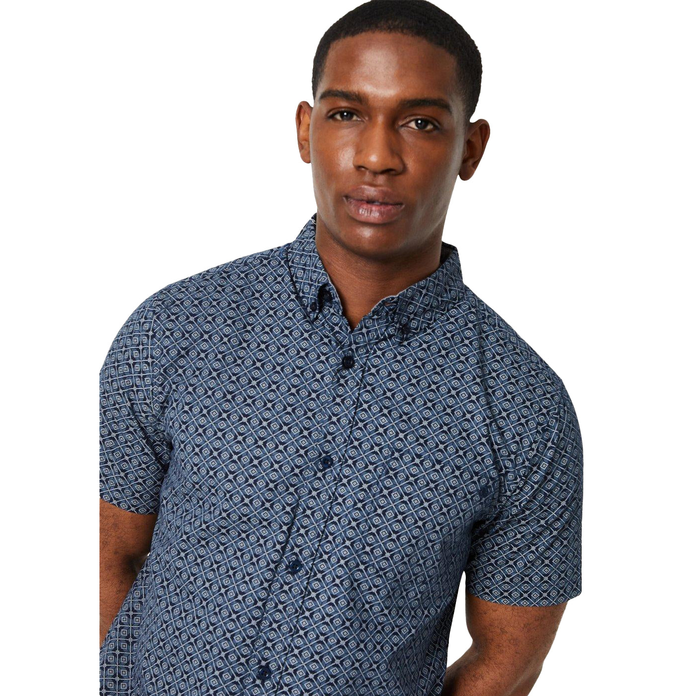 Dark Blue - Lifestyle - Maine Mens Tile Print Short-Sleeved Shirt