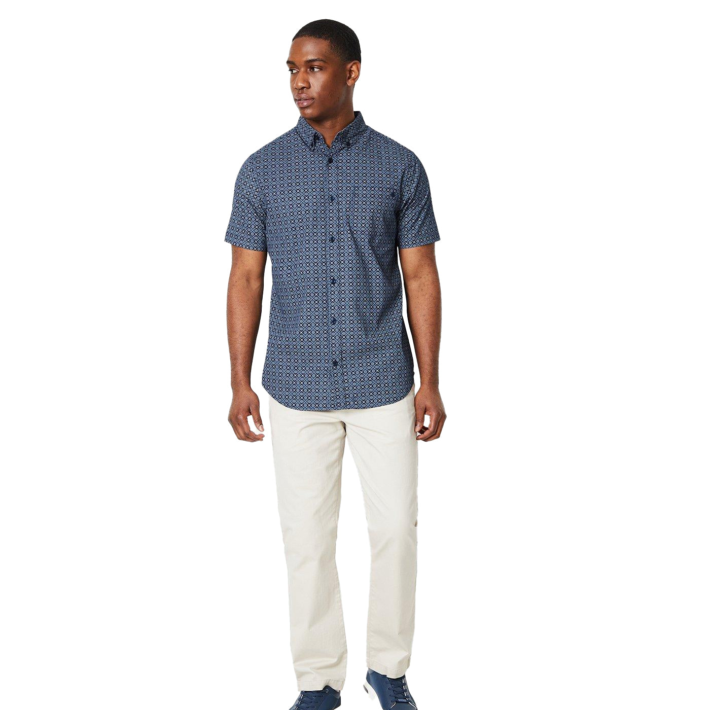 Dark Blue - Pack Shot - Maine Mens Tile Print Short-Sleeved Shirt