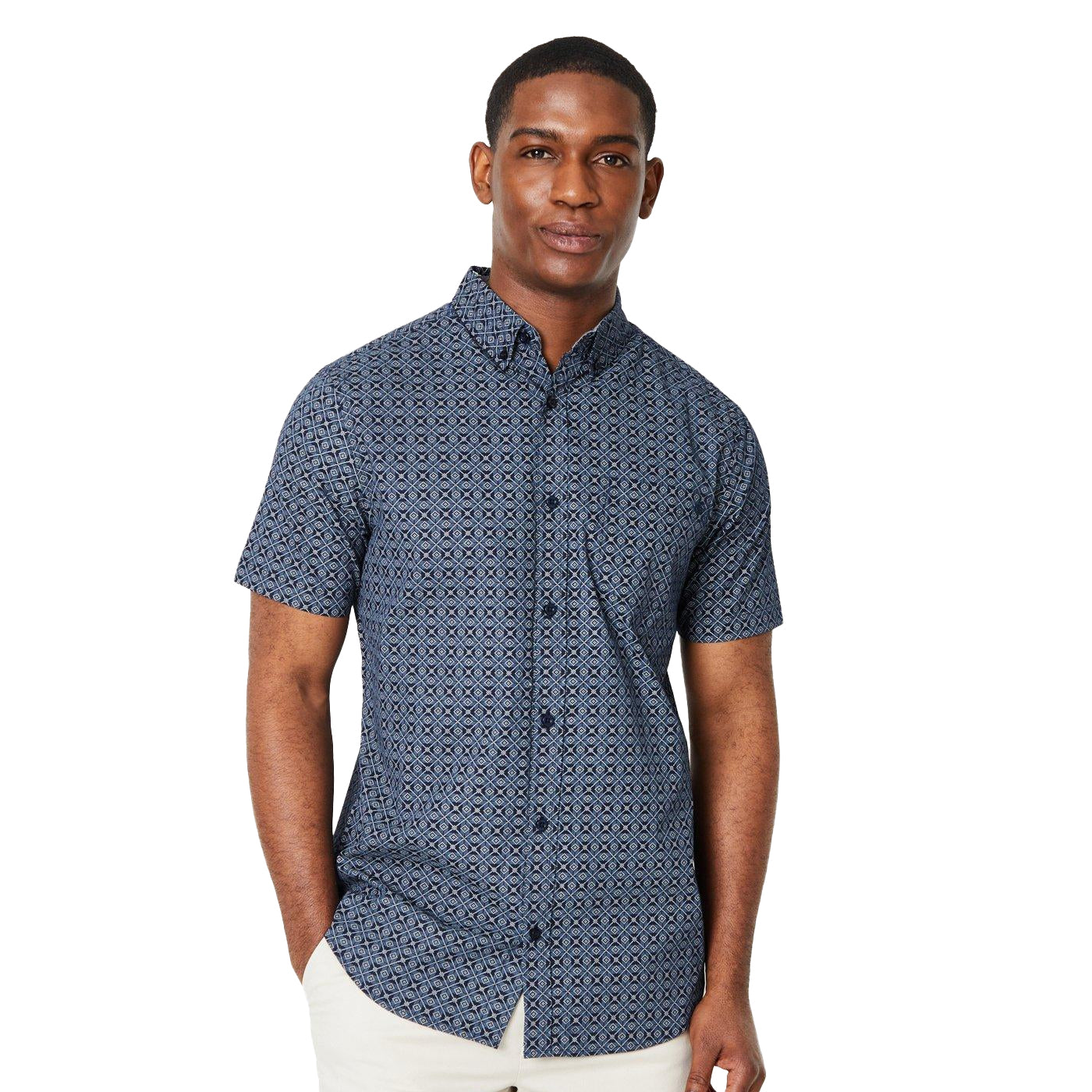 Dark Blue - Front - Maine Mens Tile Print Short-Sleeved Shirt