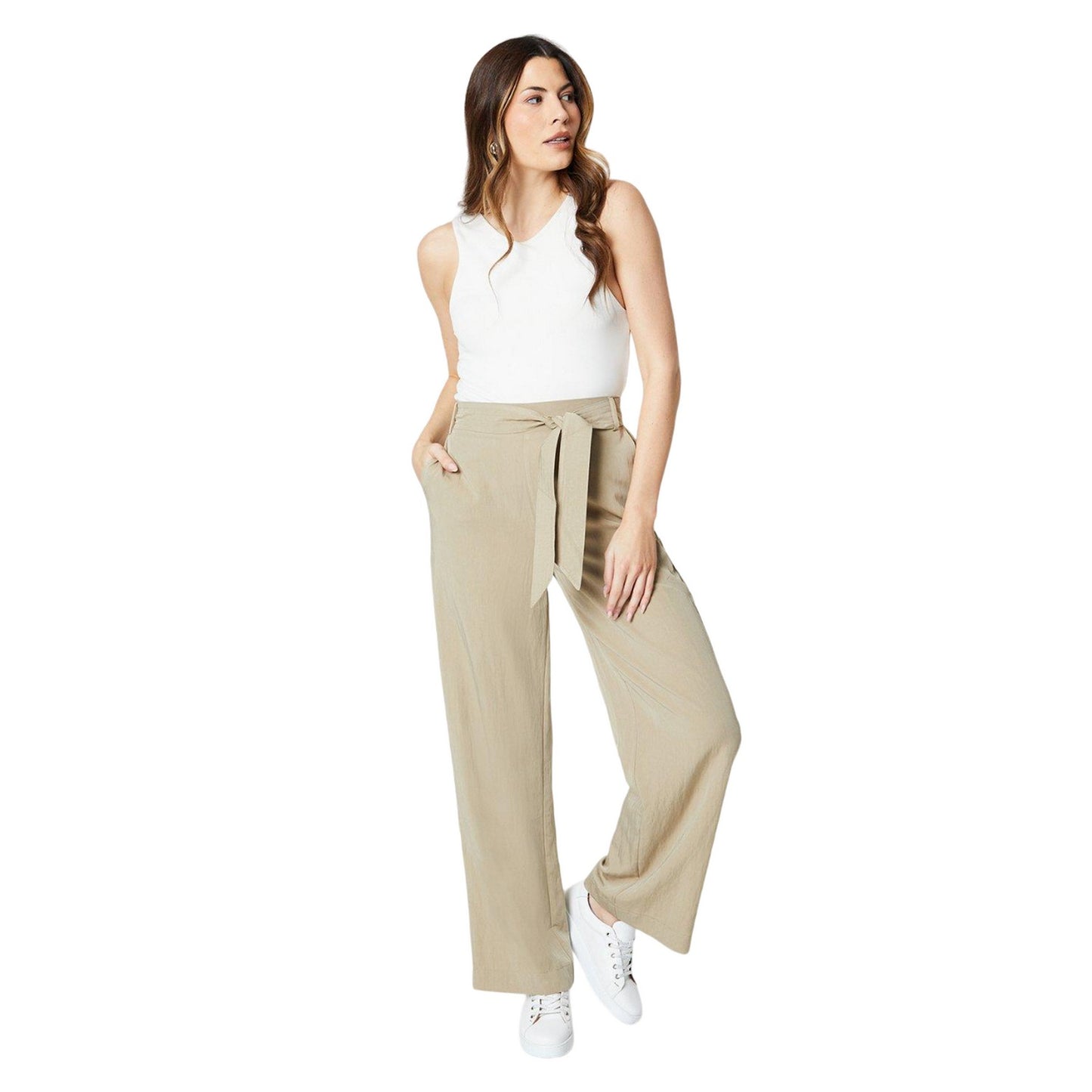 Stone - Front - Principles Womens-Ladies Stitched Belt Wide Leg Trousers