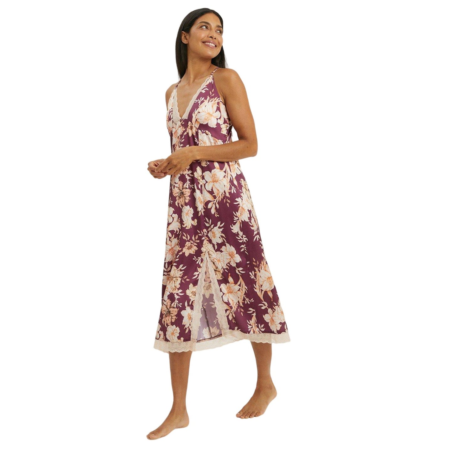 Plum - Front - Debenhams Womens-Ladies Lily Bloom Lace Detail Nightie