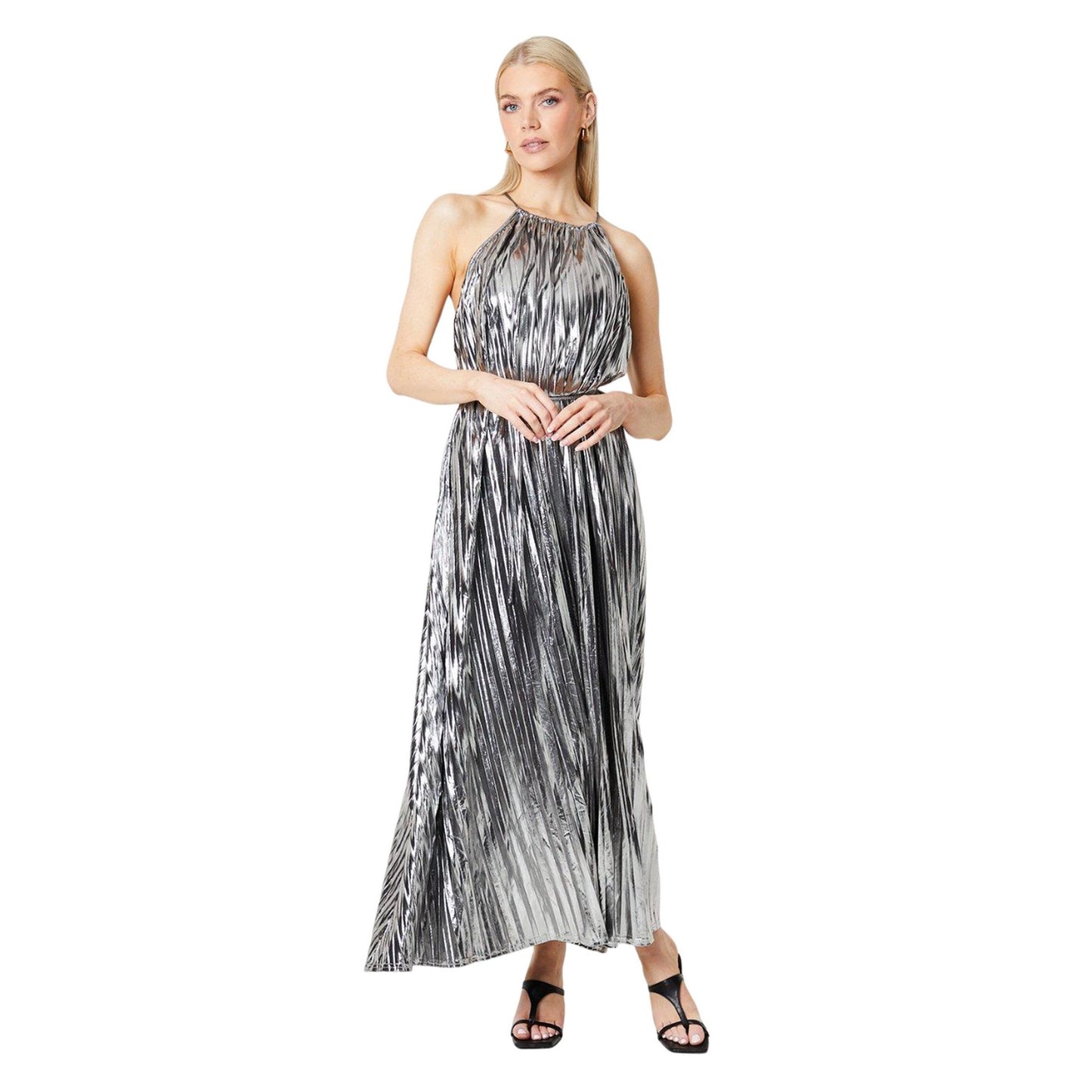 Silver - Front - Principles Womens-Ladies Pleated Foil Halter Neck Midi Dress