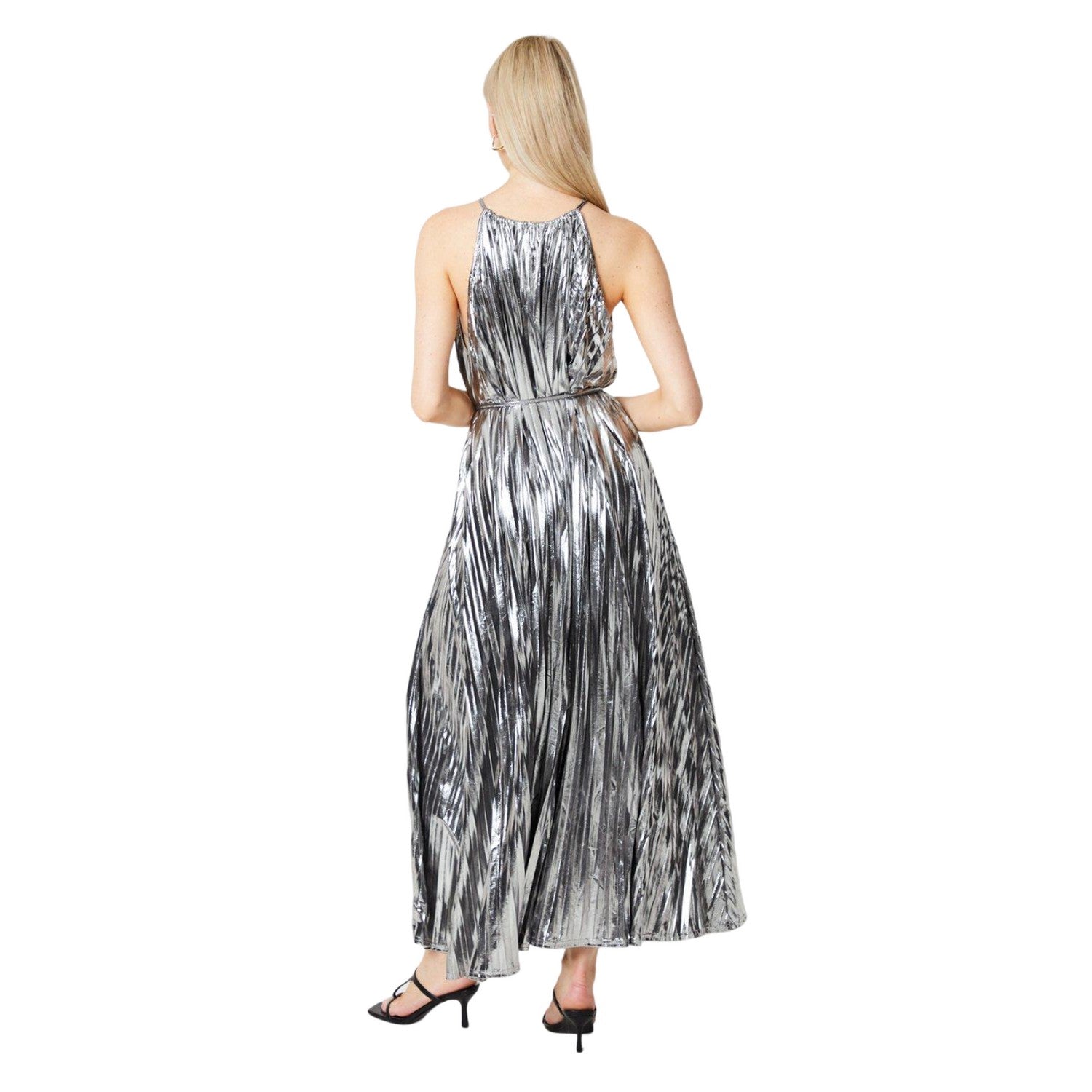 Silver - Back - Principles Womens-Ladies Pleated Foil Halter Neck Midi Dress