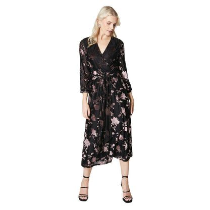 Black - Front - Principles Womens-Ladies Belted Devoré Wrap Maxi Dress