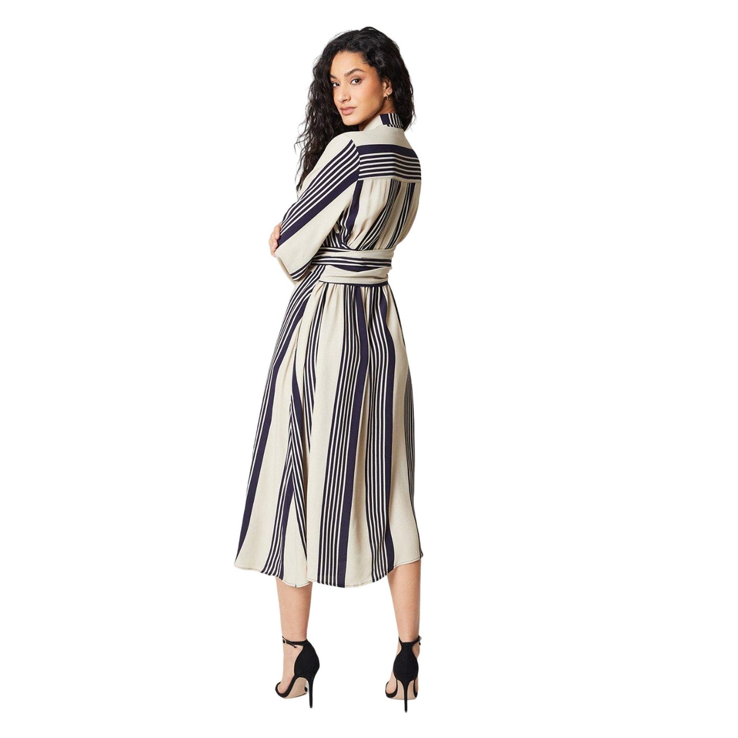 Navy - Back - Principles Womens-Ladies Striped Belt Midi Shirt Dress