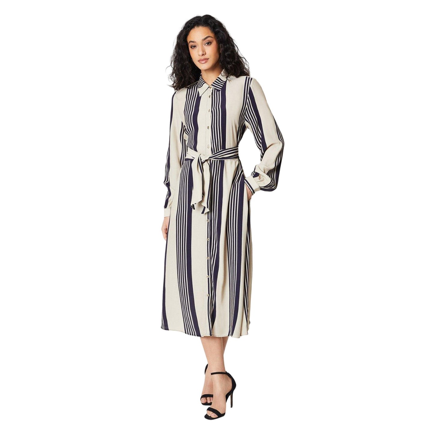 Navy - Front - Principles Womens-Ladies Striped Belt Midi Shirt Dress
