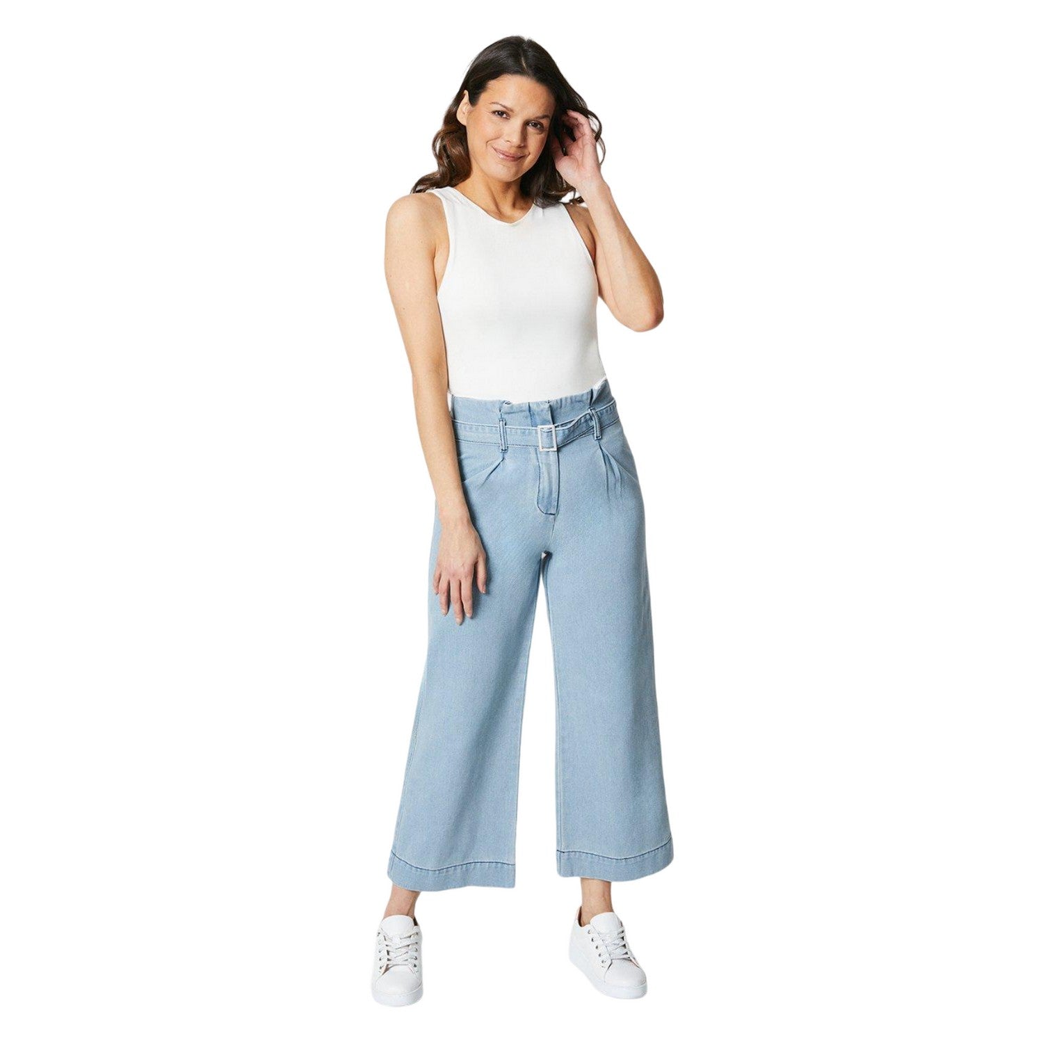 Light Blue - Side - Principles Womens-Ladies Belted Petite Wide Leg Jeans