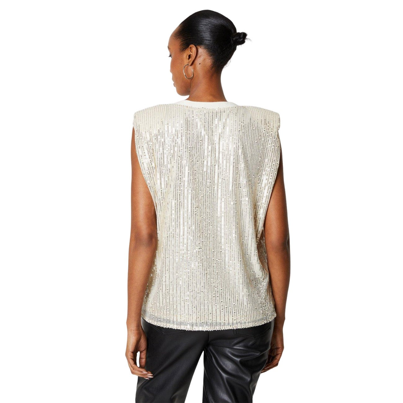 Champagne - Back - Principles Womens-Ladies Sequin Padded Shoulder Top