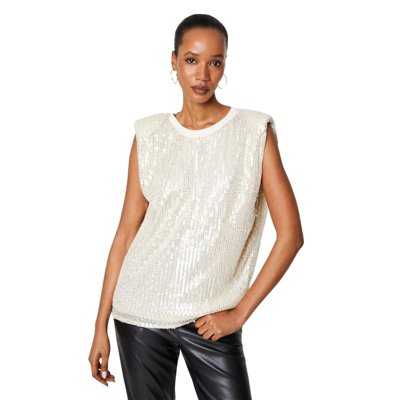 Champagne - Front - Principles Womens-Ladies Sequin Padded Shoulder Top